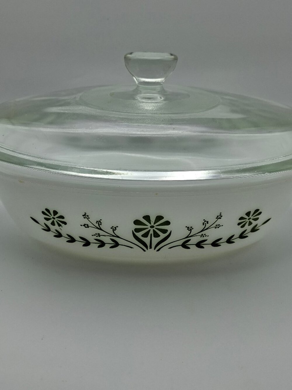 Estate Vintage GlasBake Green Daisy 1 Quart Casserole Dish With Lid